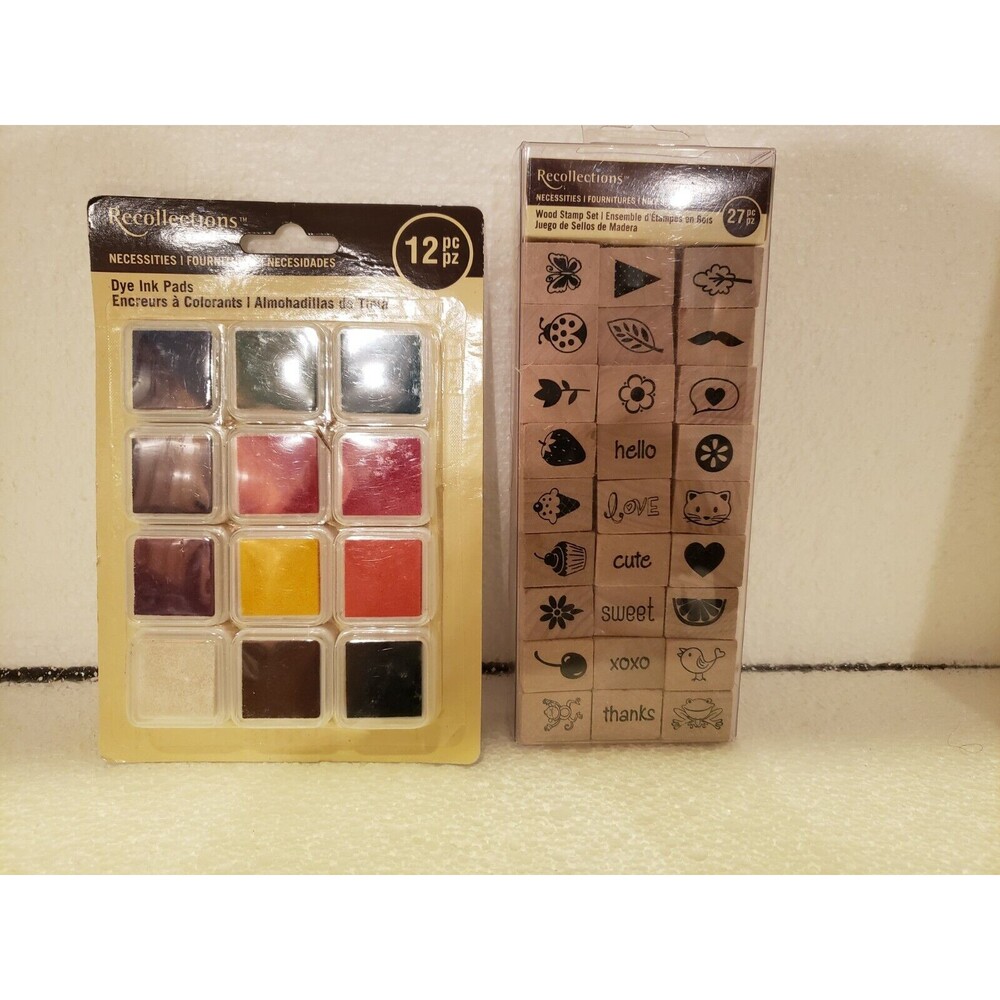 Recollections Wood Stamps 27 Pc Set Animals Food Hello Love & 12 PC Dry Ink pad